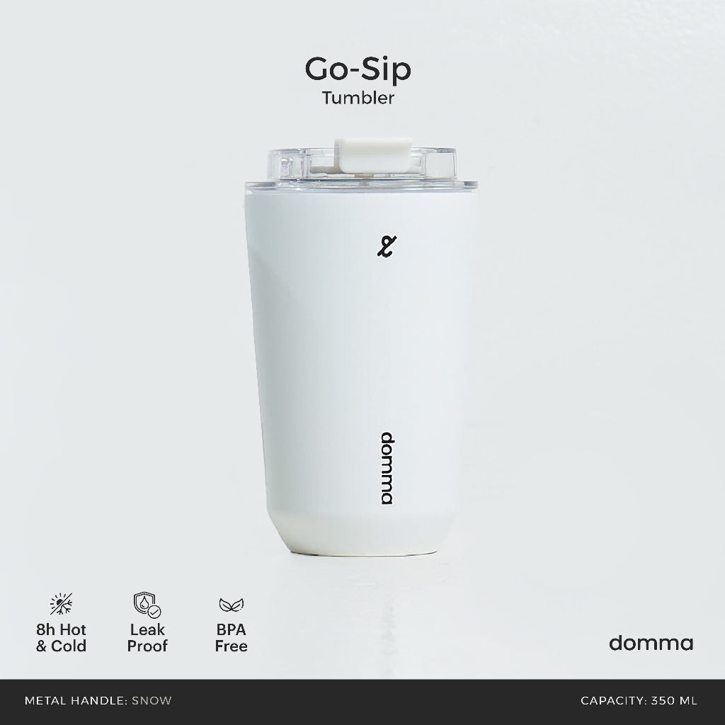 A white stainless steel insulated travel mug with a Domma brand logo on the front.