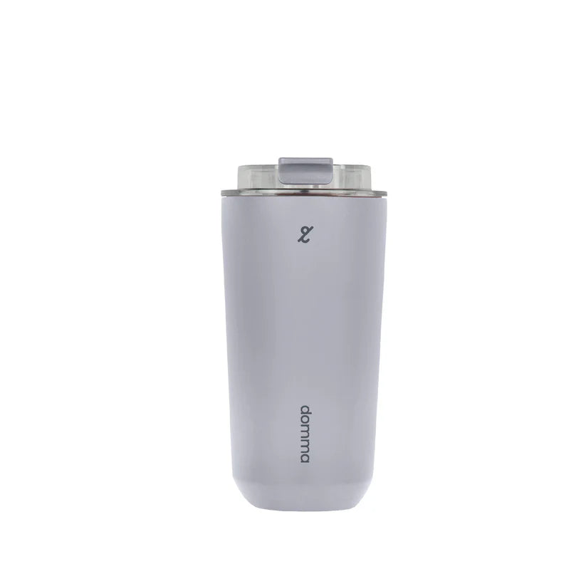 A grey stainless steel insulated travel mug with a Domma brand logo on the front.