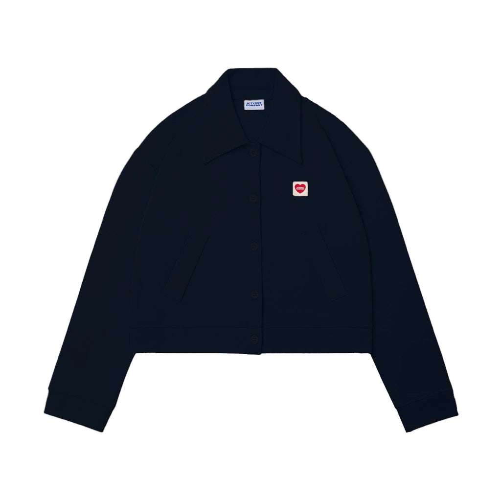 Navy shirt with a red heart logo by notyourcompany on a white background
