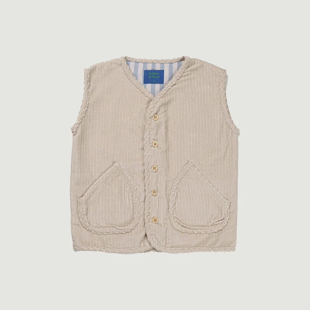 Beige corduroy vest with button details named Camma Vest from Sabine & Heem
