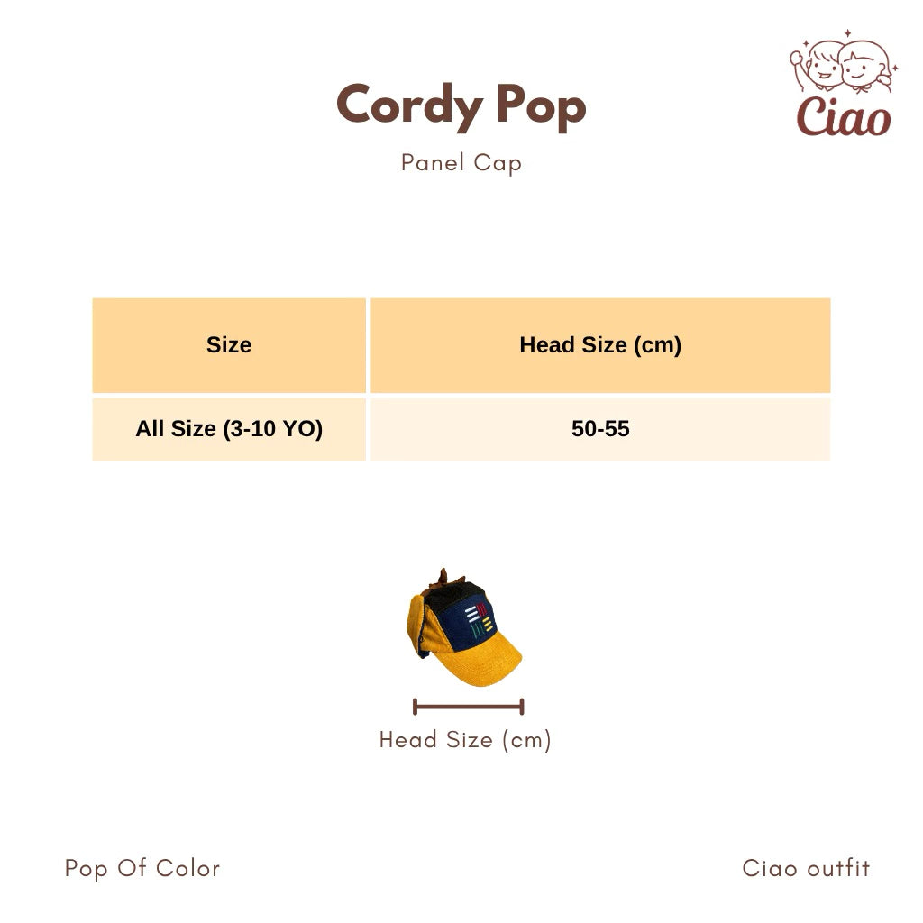 Size chart for Cordy Pop Cap by Ciao with cap illustration and measurement details.