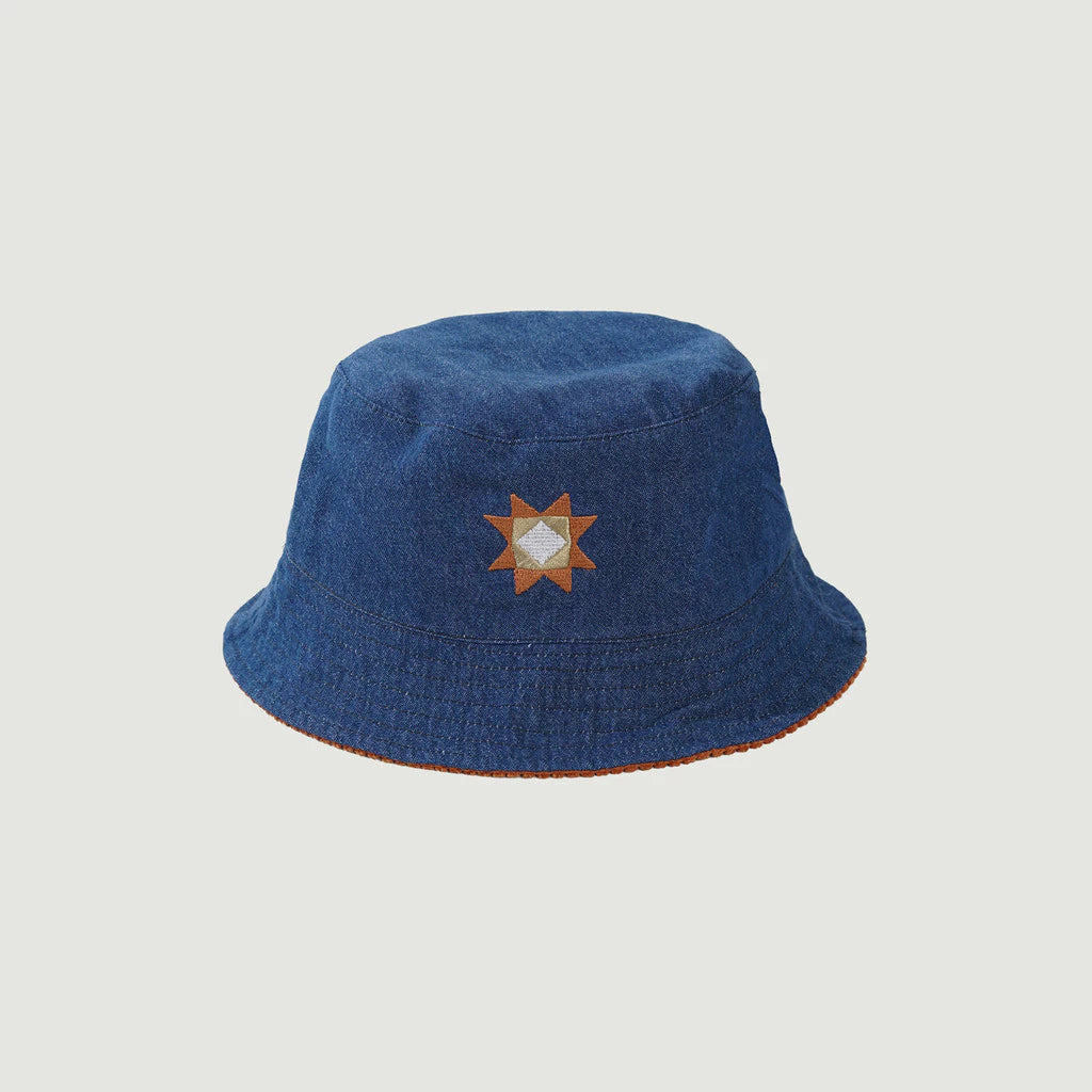 Dark blue kids bucket hat with a star design on a light gray background