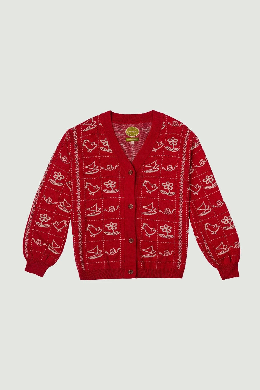 Red cardigan with pattern by Sabine & Heem kids clothing on a light gray background