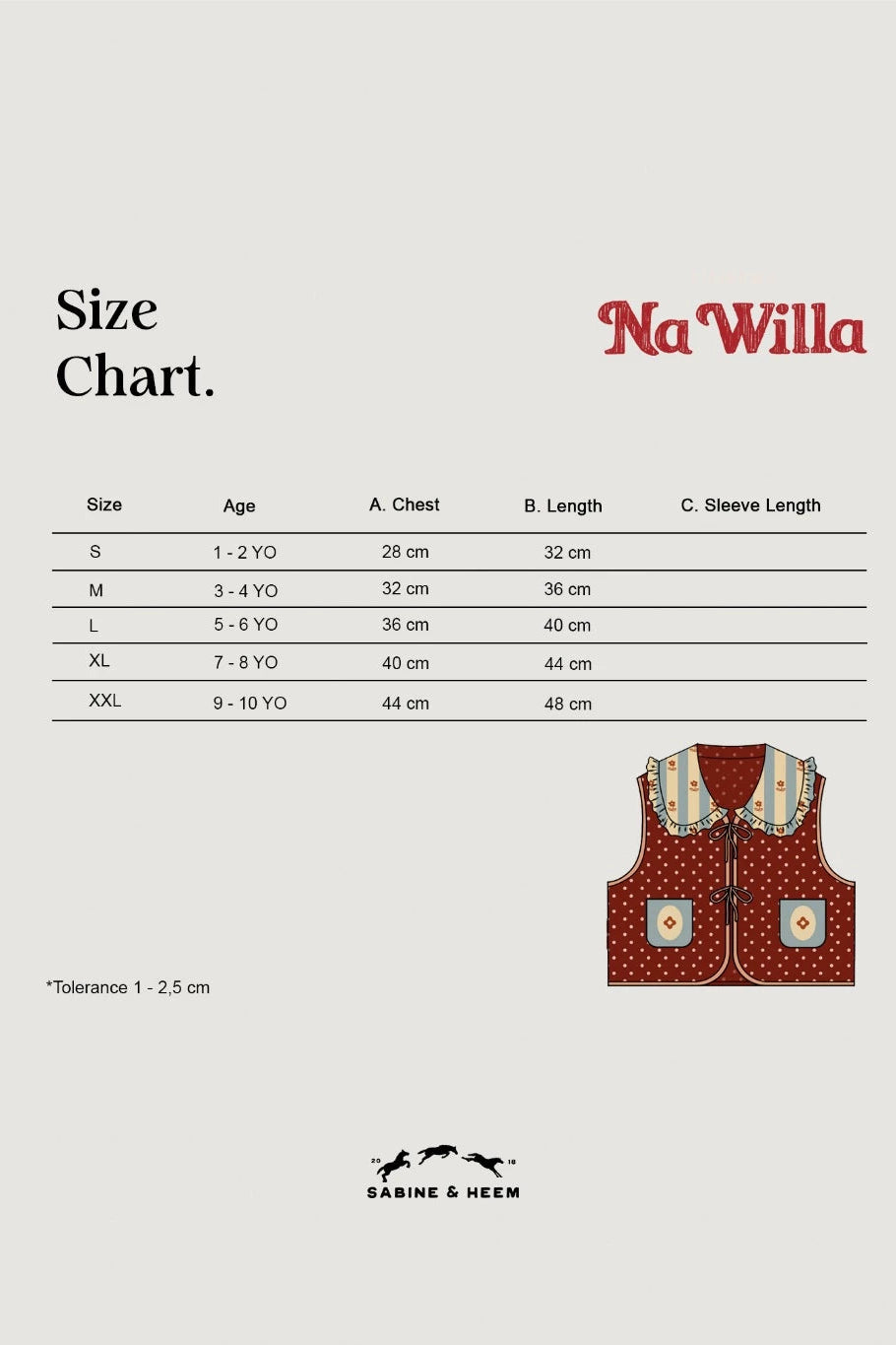 Size chart for children's vests by Sabine & Heem kids clothing on a white background
