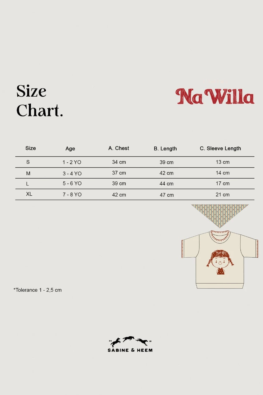 Size chart for children's knitted tee with scarf by Sabine & Heem kids clothing on a white background