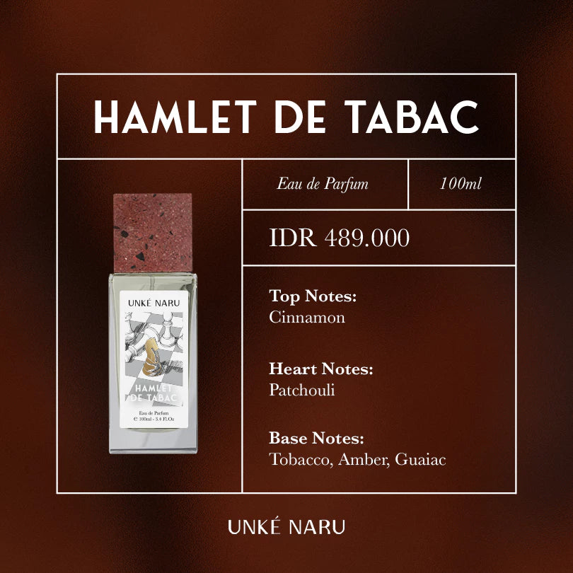 Unke Naru Hamlet de Tabac perfume bottle with product details on a brown background