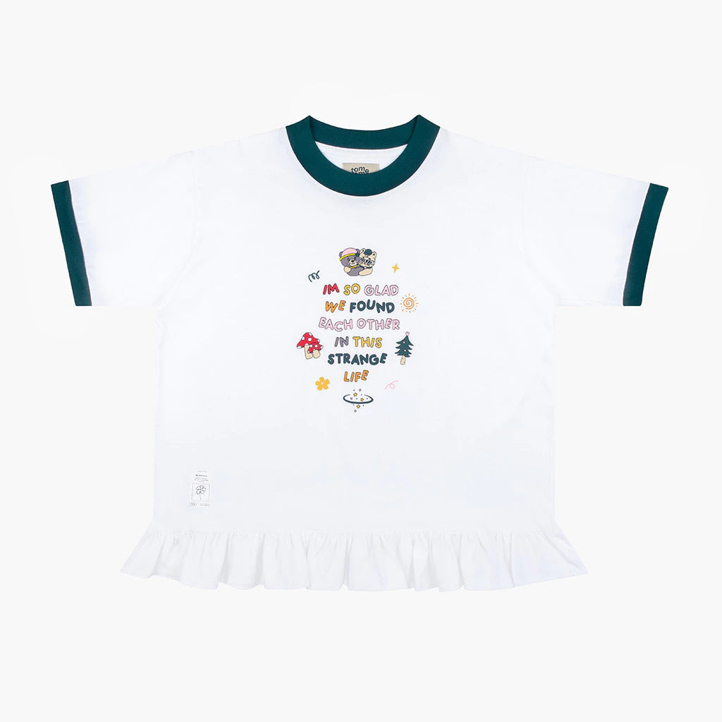 White t-shirt by Tome Ame with green sleeves and colorful text design on a white background