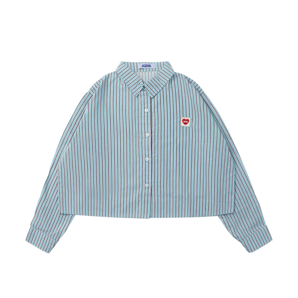 Blue striped shirt with a red heart logo by notyourcompany on a white background