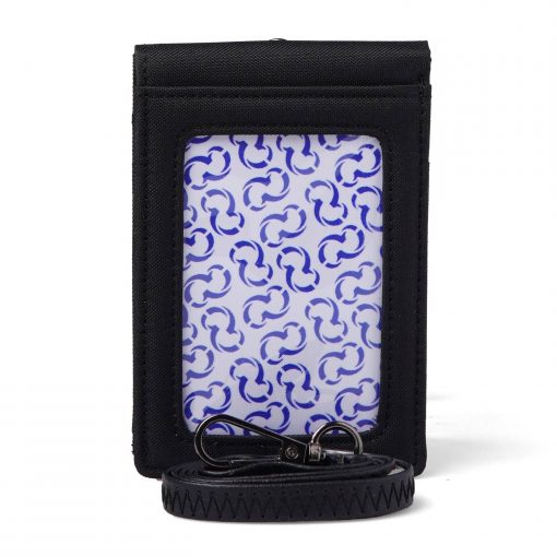 Black card wallet with a blue patterned interior by Wallts on a white background