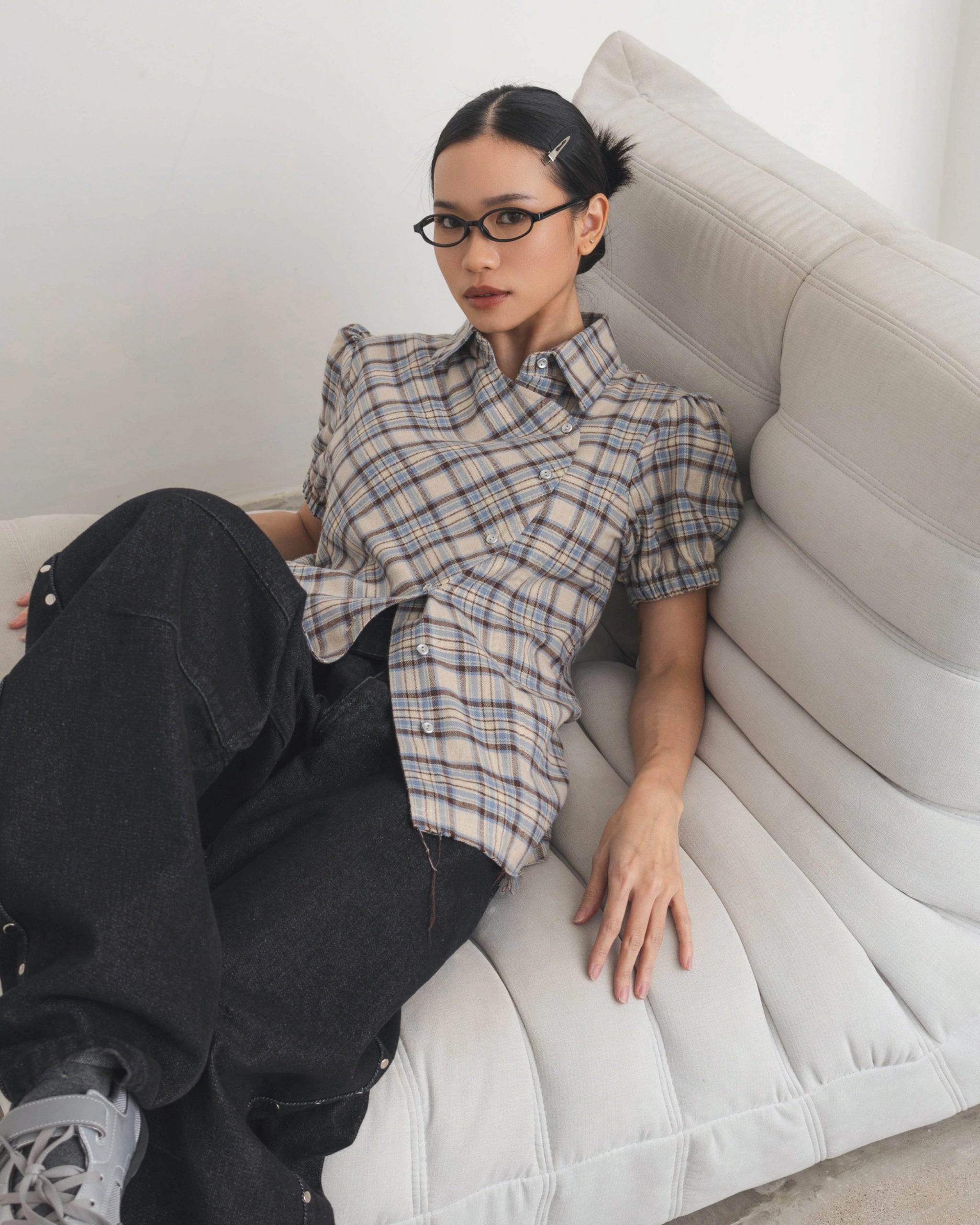 Checkered Poppy Sleeve Shirt - Catha
