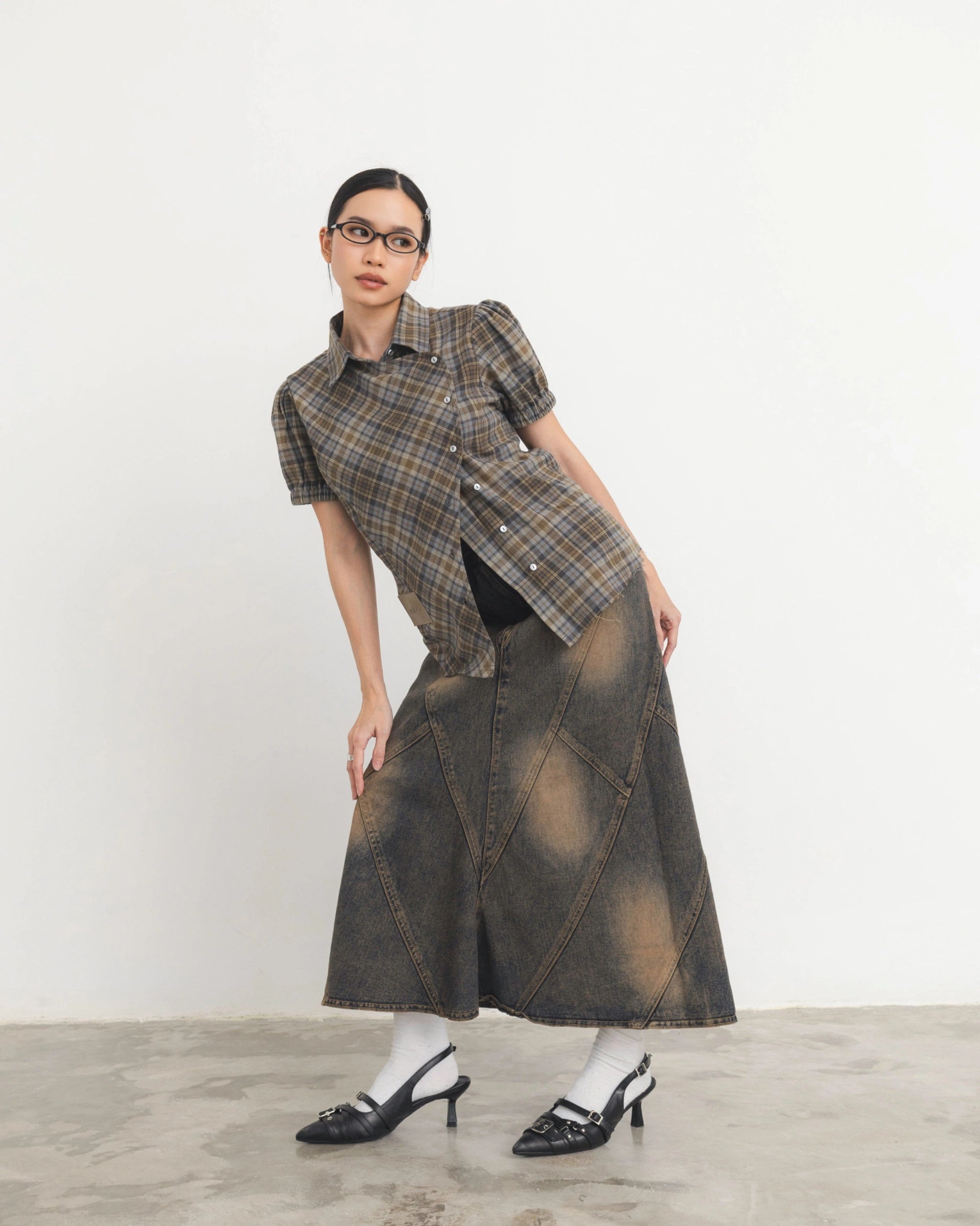 Checkered Poppy Sleeve Shirt - Catha