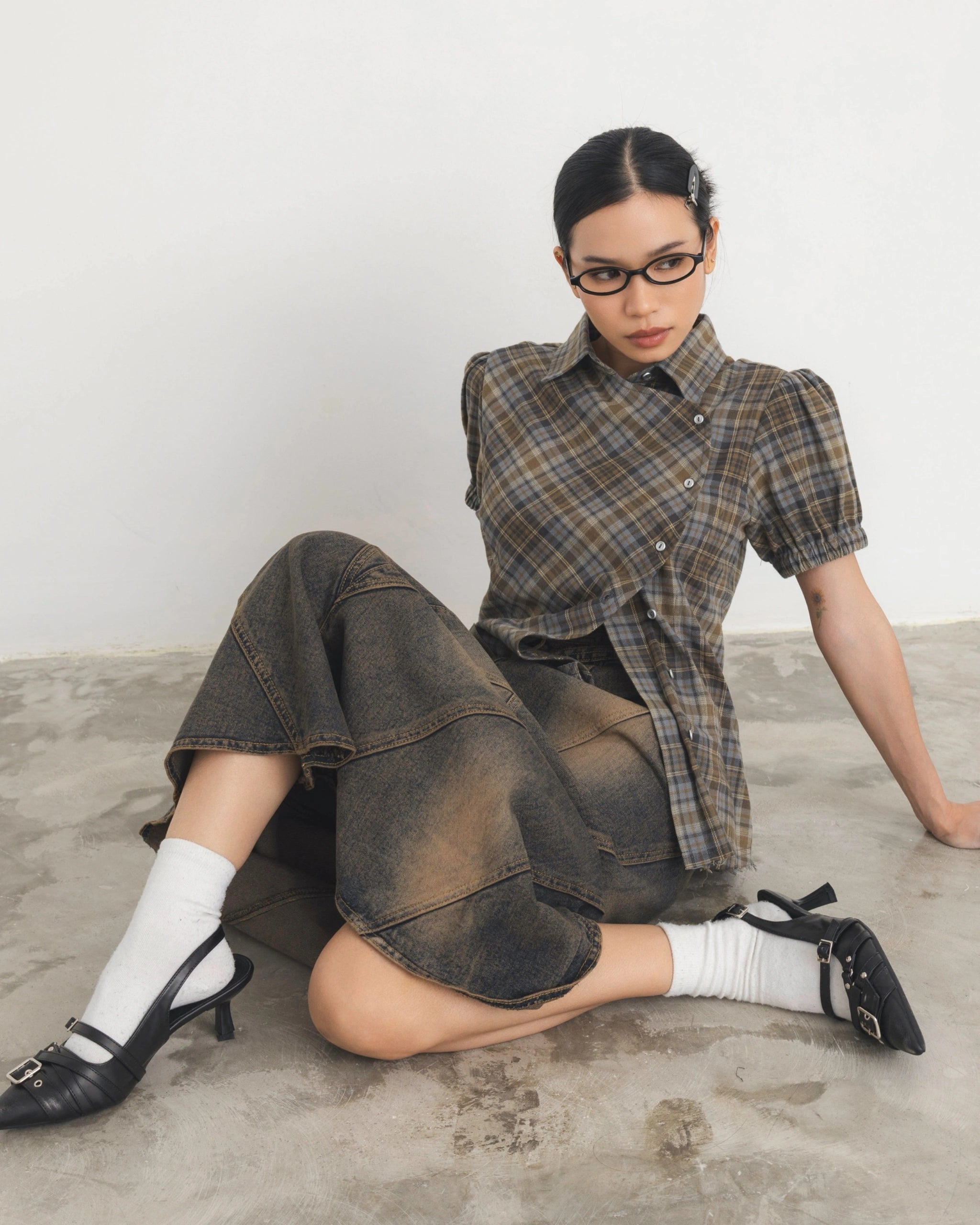 Checkered Poppy Sleeve Shirt - Catha