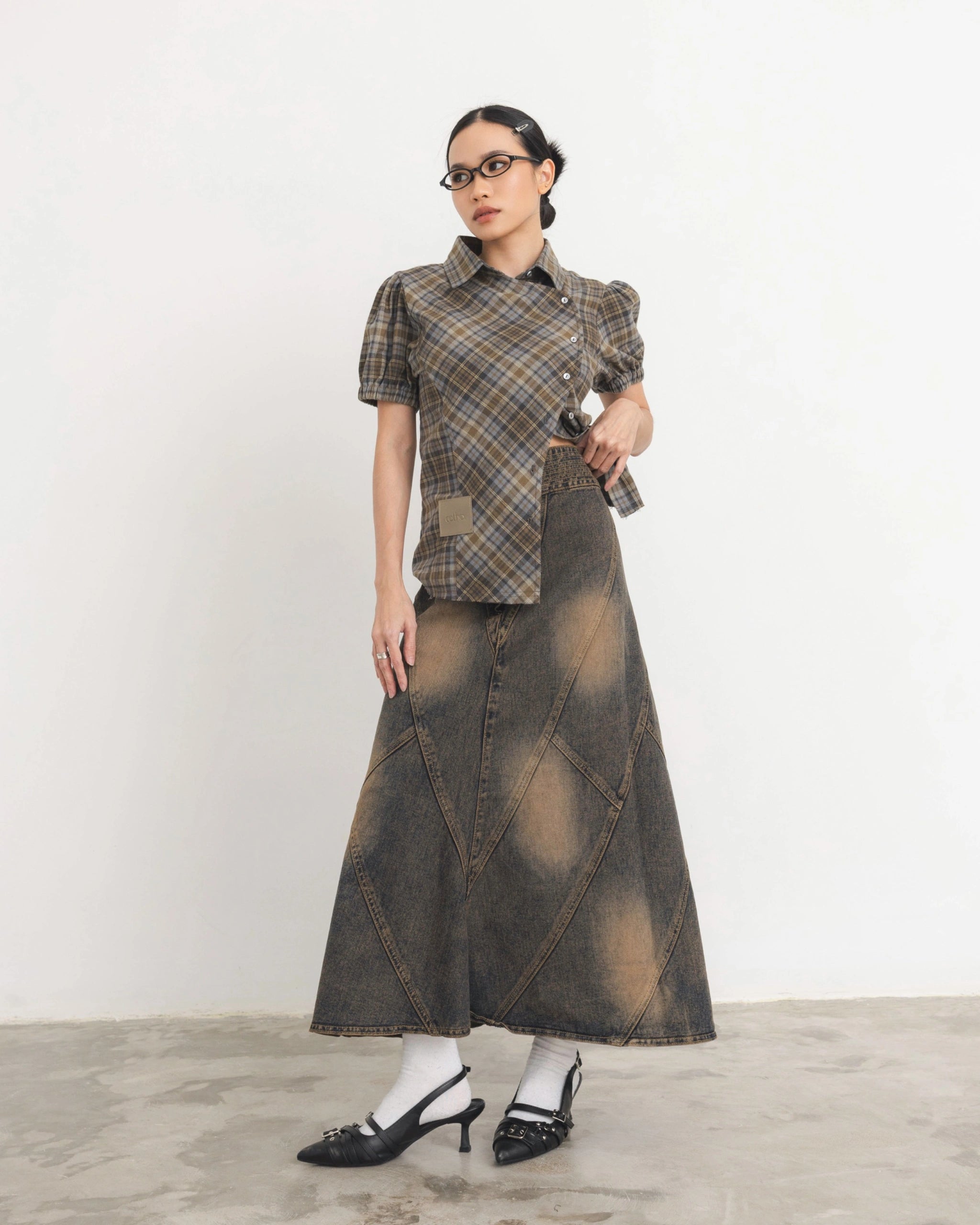 Checkered Poppy Sleeve Shirt - Catha