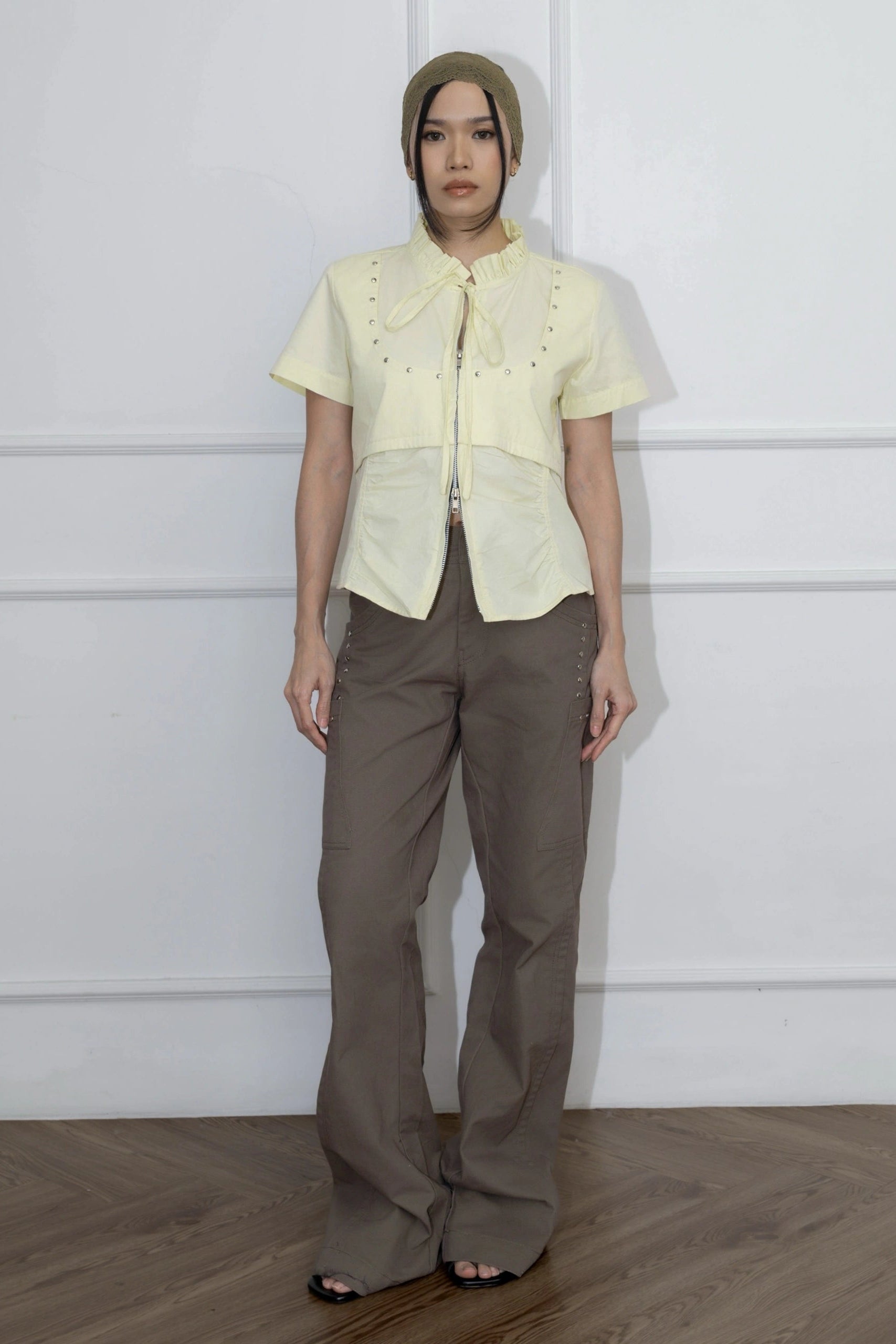 Stud Straight Long Pants Khaki - Catha