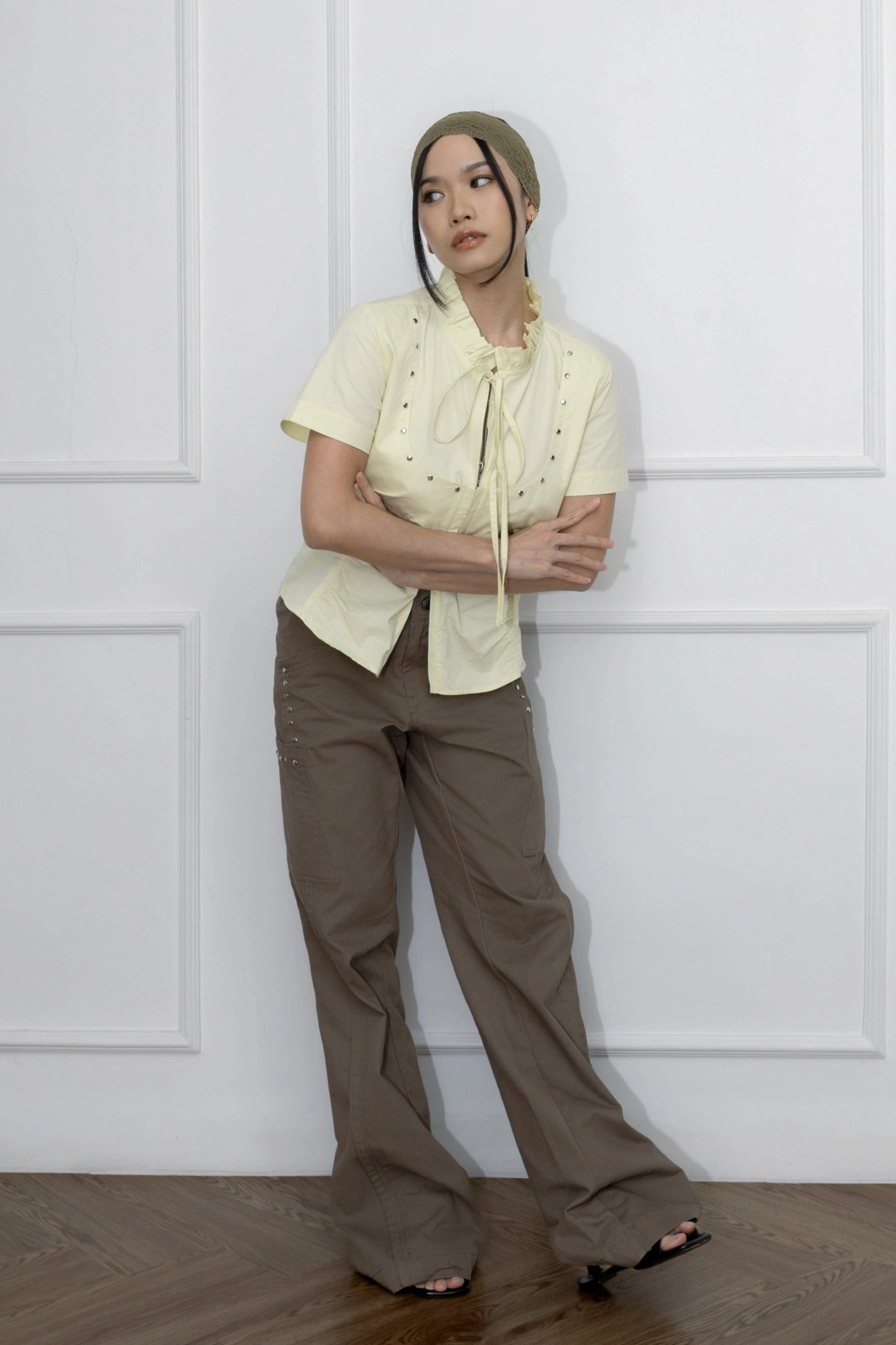 Stud Straight Long Pants Khaki - Catha