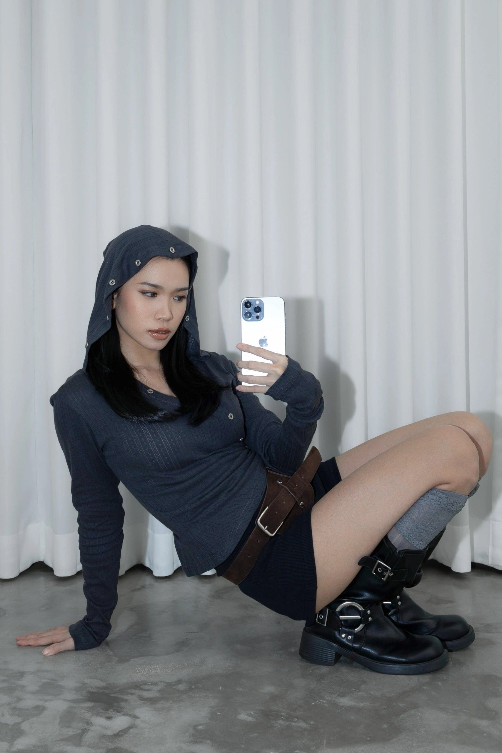 Buttons Hoodie Top Charcoal - Catha
