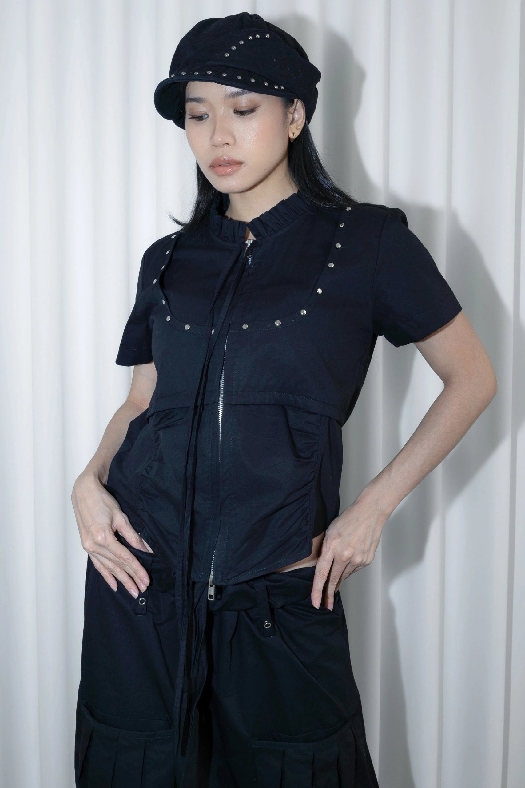 Blade Ruffle Stud Top Black - Catha