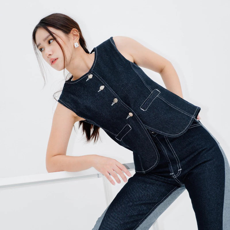 Jemma Button Vest Denim Top - The Auctus