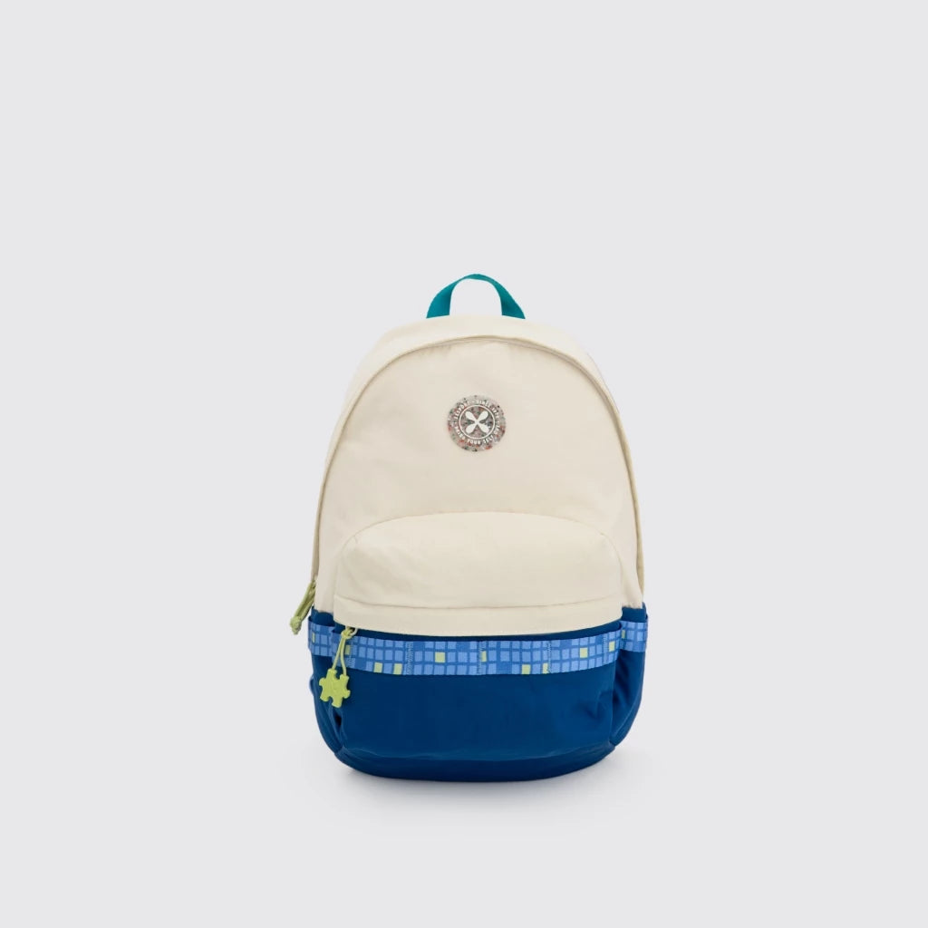 A two-tone beige and blue backpack from Exsport Bags with a brand logo on a white background