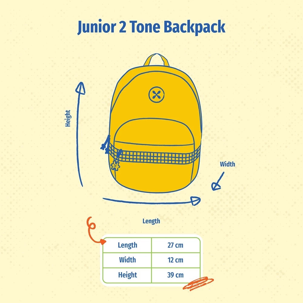 A junior 2 tone backpack from Exsport Bags with measurement details on a beige background