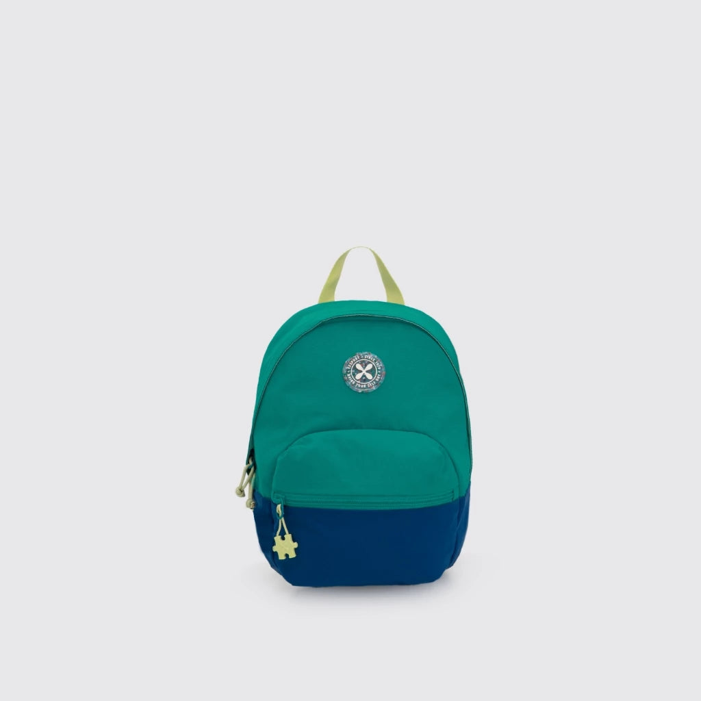 Green and blue backpack from Exsport Bags on a light gray background
