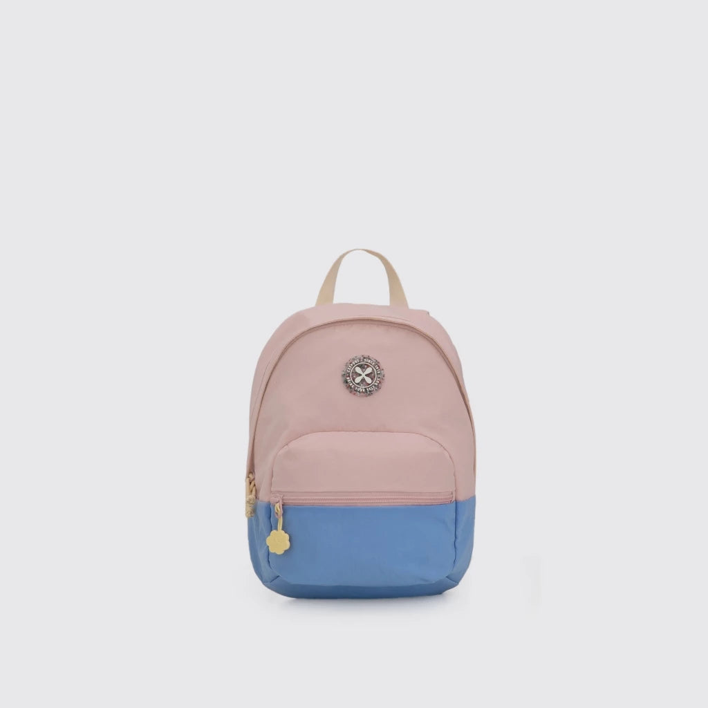 Pink and blue backpack from Exsport Bags on a light gray background