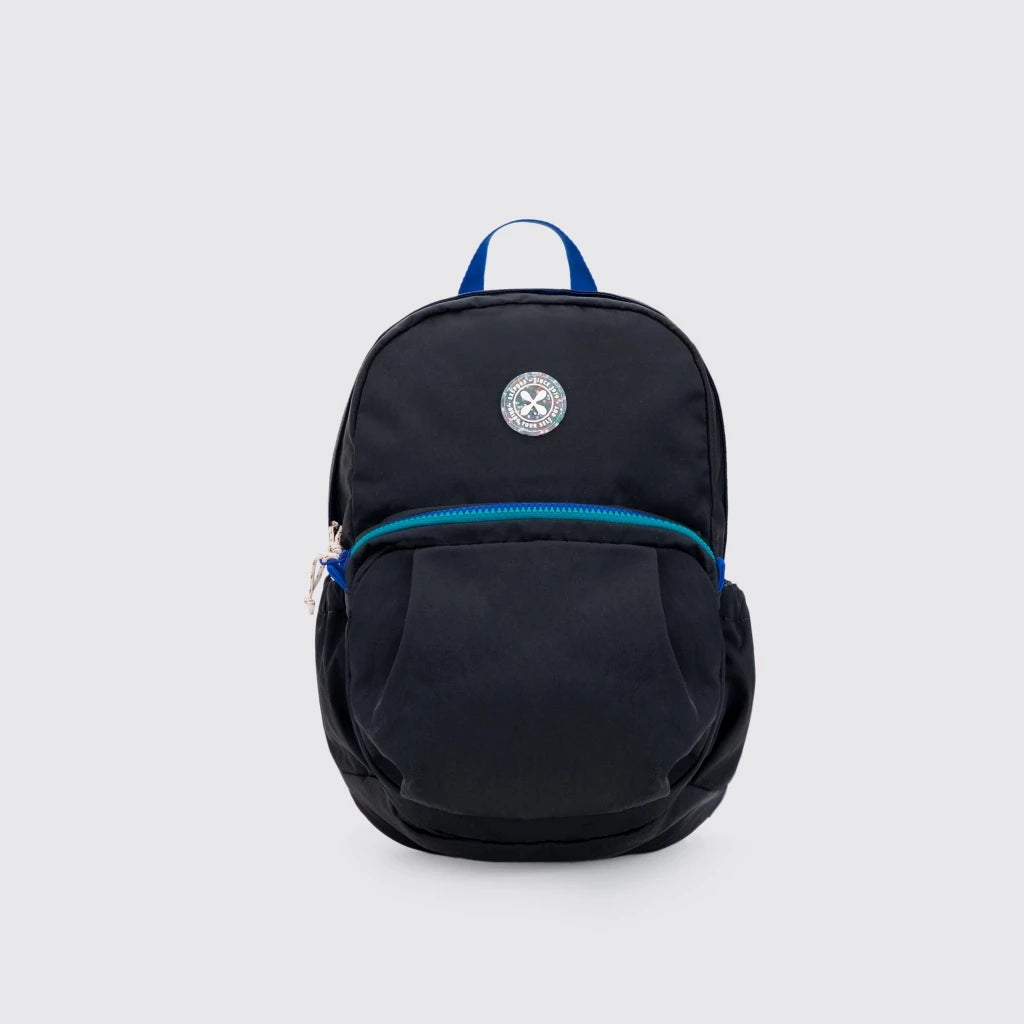 Black backpack with blue accents from Export Bags on a light gray background