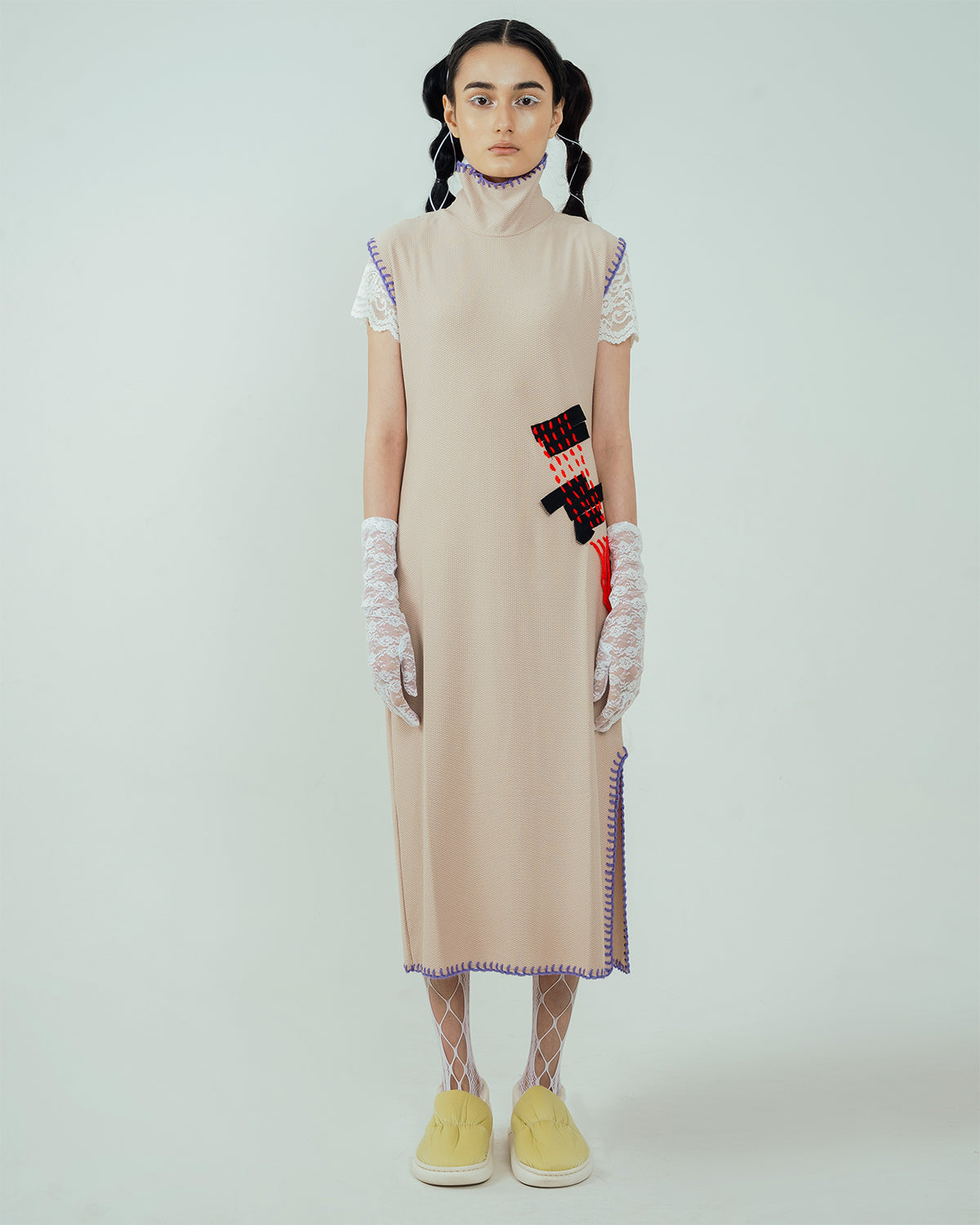 Pitchy Stitchy Slit Dress Cream - High On Life