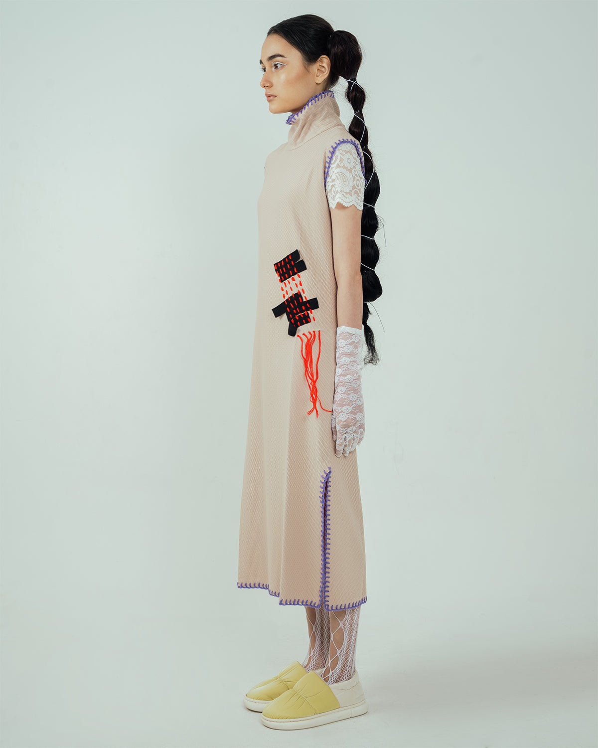 Pitchy Stitchy Slit Dress Cream - High On Life