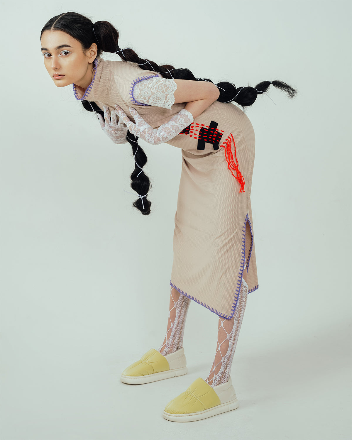 Pitchy Stitchy Slit Dress Cream - High On Life