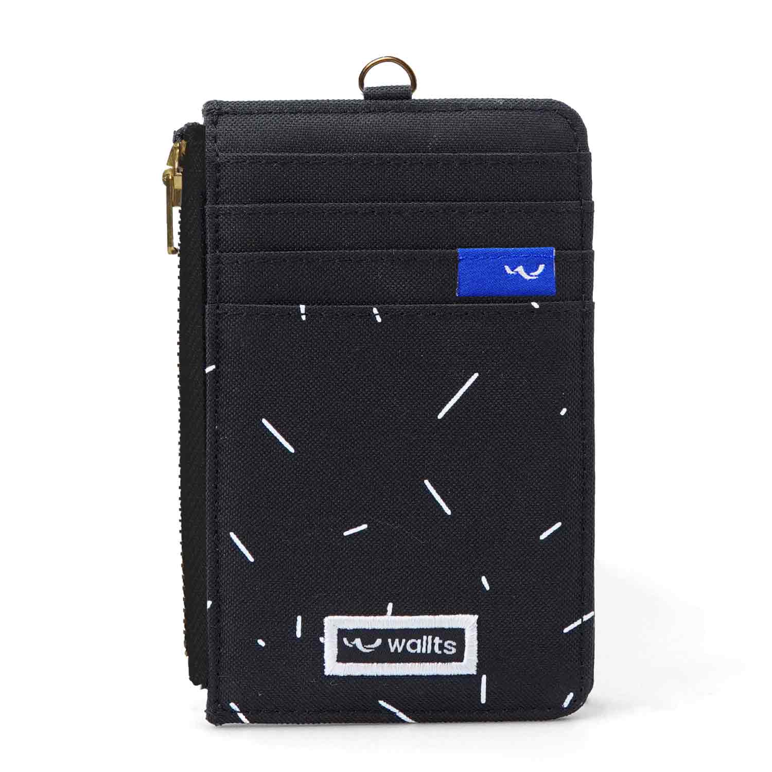 Black card wallet with white patterns and a blue label by Wallts on a white background