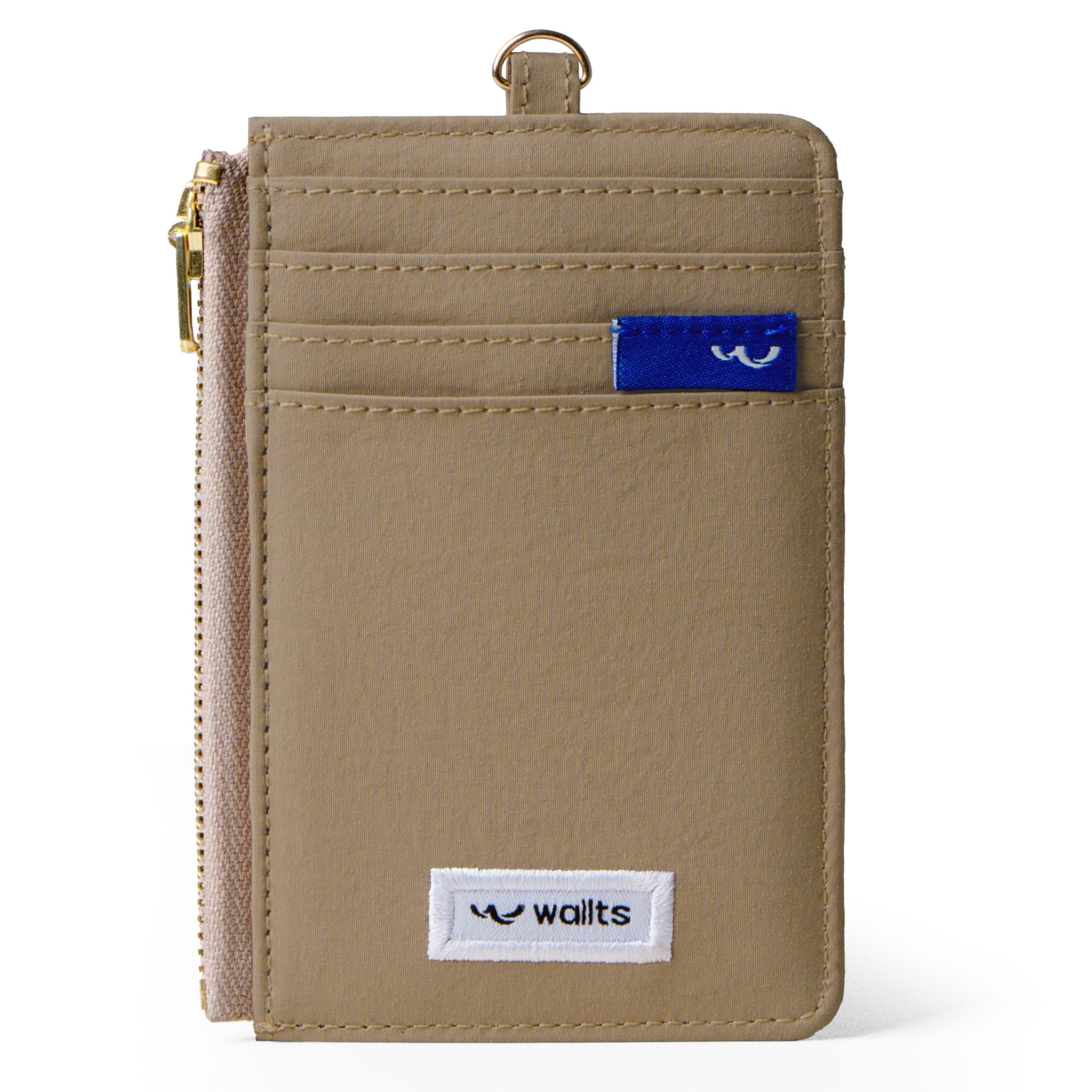 Brown card wallet with visible 'Wallts' brand logo on a white background