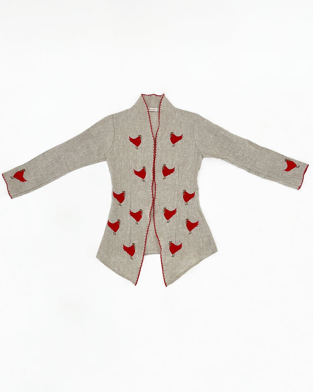 A light gray kebaya by Merona featuring red embroidered bird motifs and red trim along the edges, displayed flat against a white background.