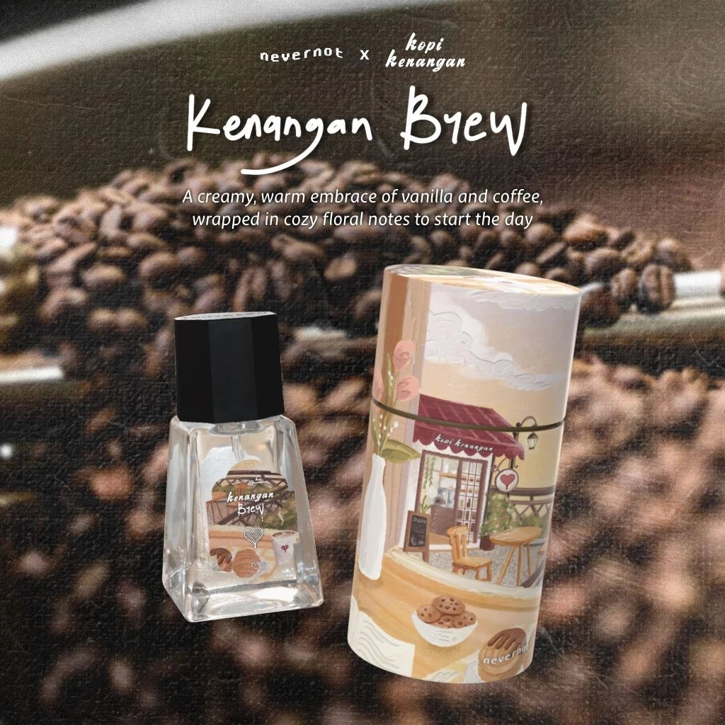 'Kenangan Brew' Extrait de Parfum bottle and its packaging by Nevernot Official on a background of coffee beans.