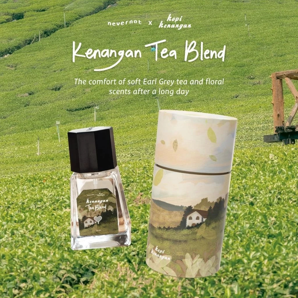 'Kenangan Tea Blend' Extrait de Parfum bottle next to its packaging by Nevernot Official with a scenic background.
