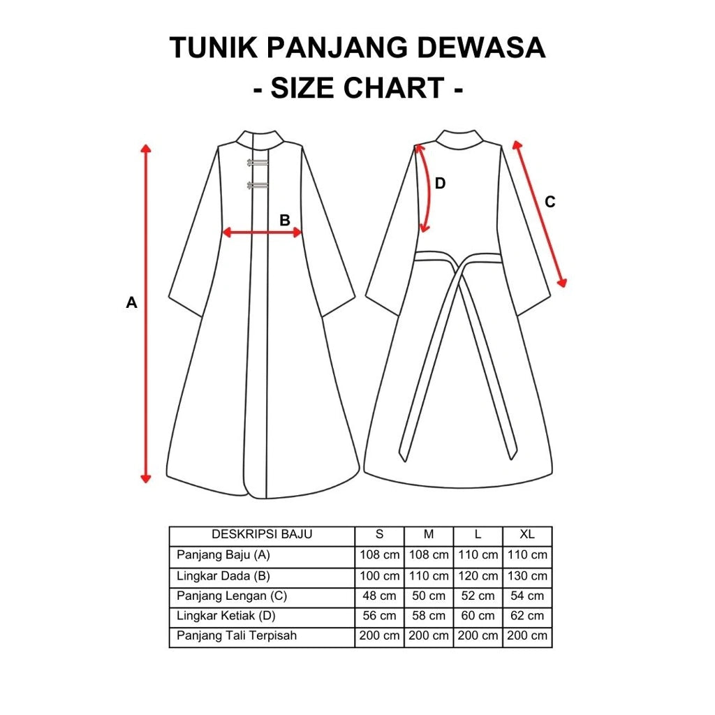 Size chart for a Kusuma Tunik LS by Damakara with measurements on a white background