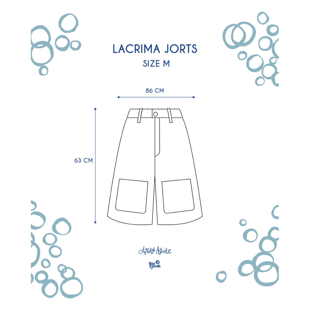 Measurement chart for Lacrima Jorts size M with bubble designs on a white background