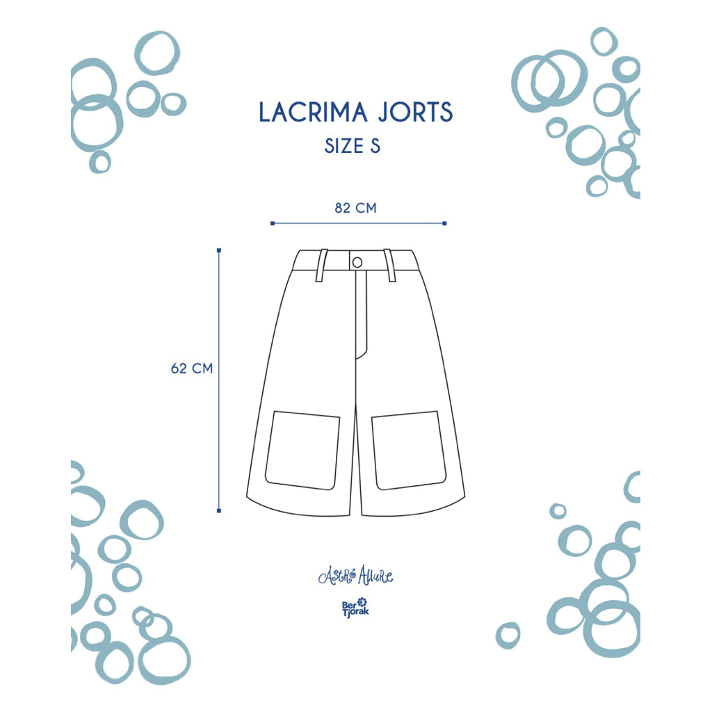 Measurement chart for Lacrima Jorts size S with bubble designs on a white background