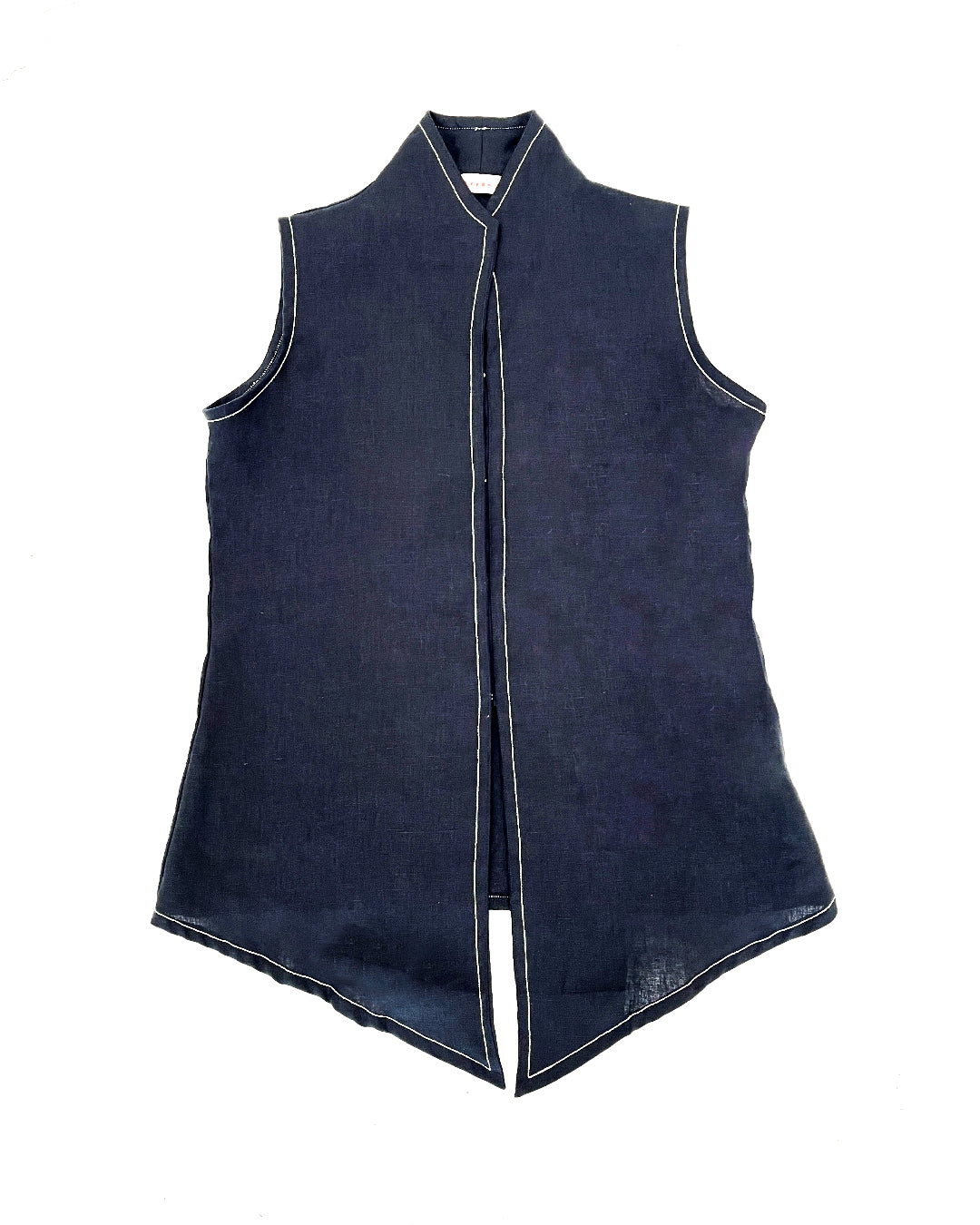 A sleeveless black vest by Merona with white contrast stitching and a mandarin collar, shown flat against a white background.