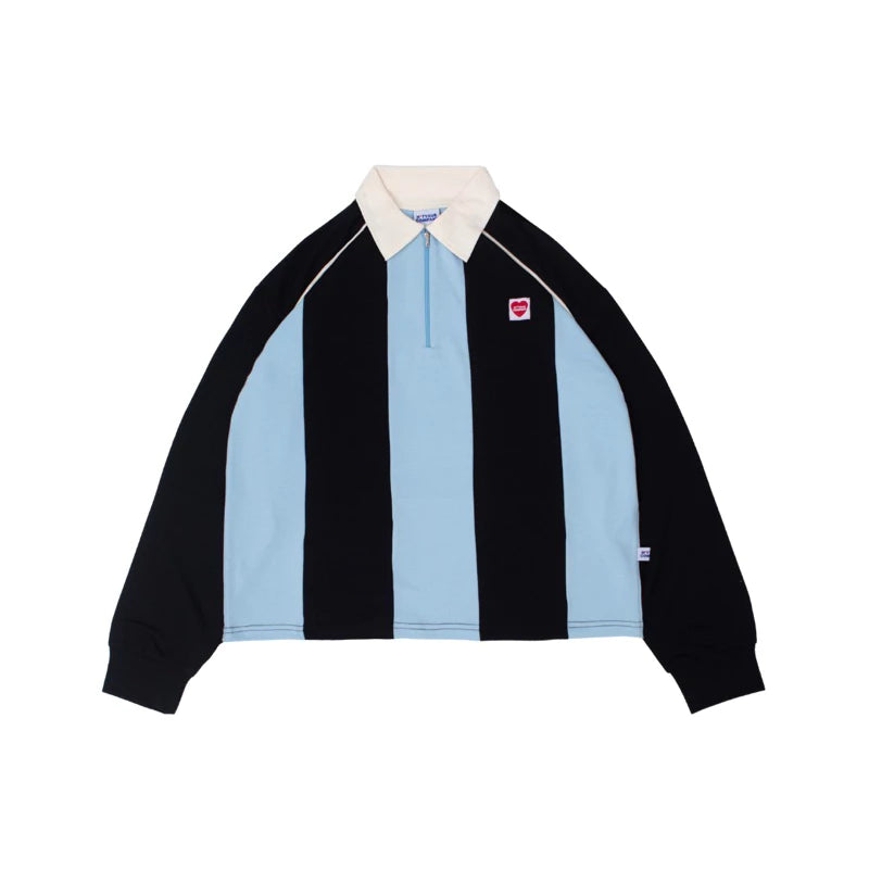 A striped unisex polo shirt in black, blue, and other colors, with a collar, long sleeves, and a chest pocket by notyourcompany.