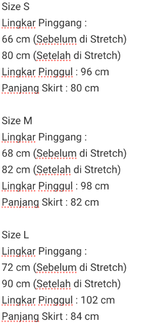Measurement chart for skirt sizes S, M, and L with waist, hip, and skirt length measurements.