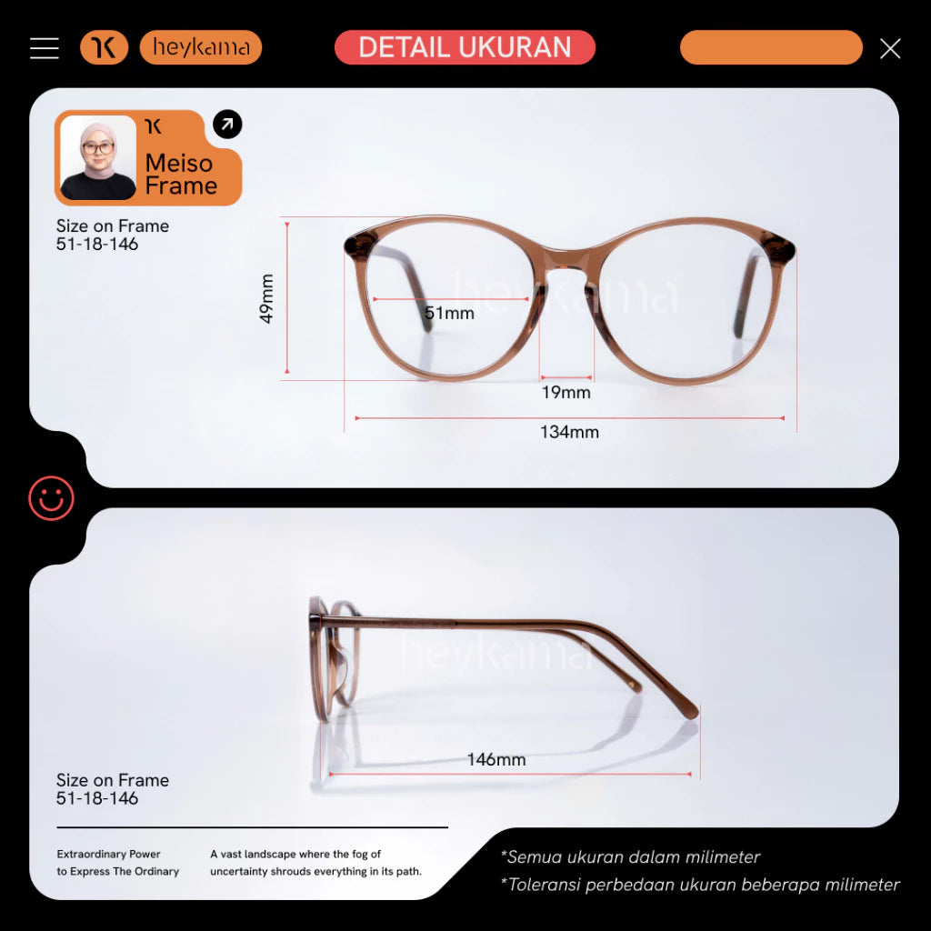 Measurement details of a Meiso eyeglass by Heykama on a white background