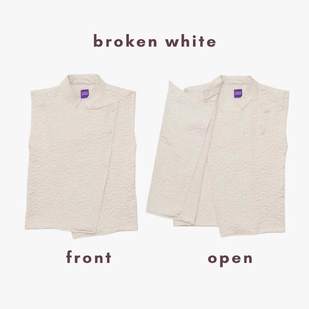 Broken white patterned vest by Tuff Puff shown from front and open views on a white background