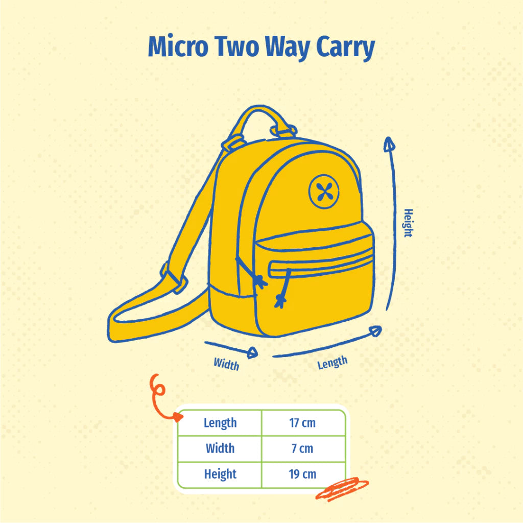 A picture of Micro Two Way Carry backpack by Exsport Bags with measurements on a beige background