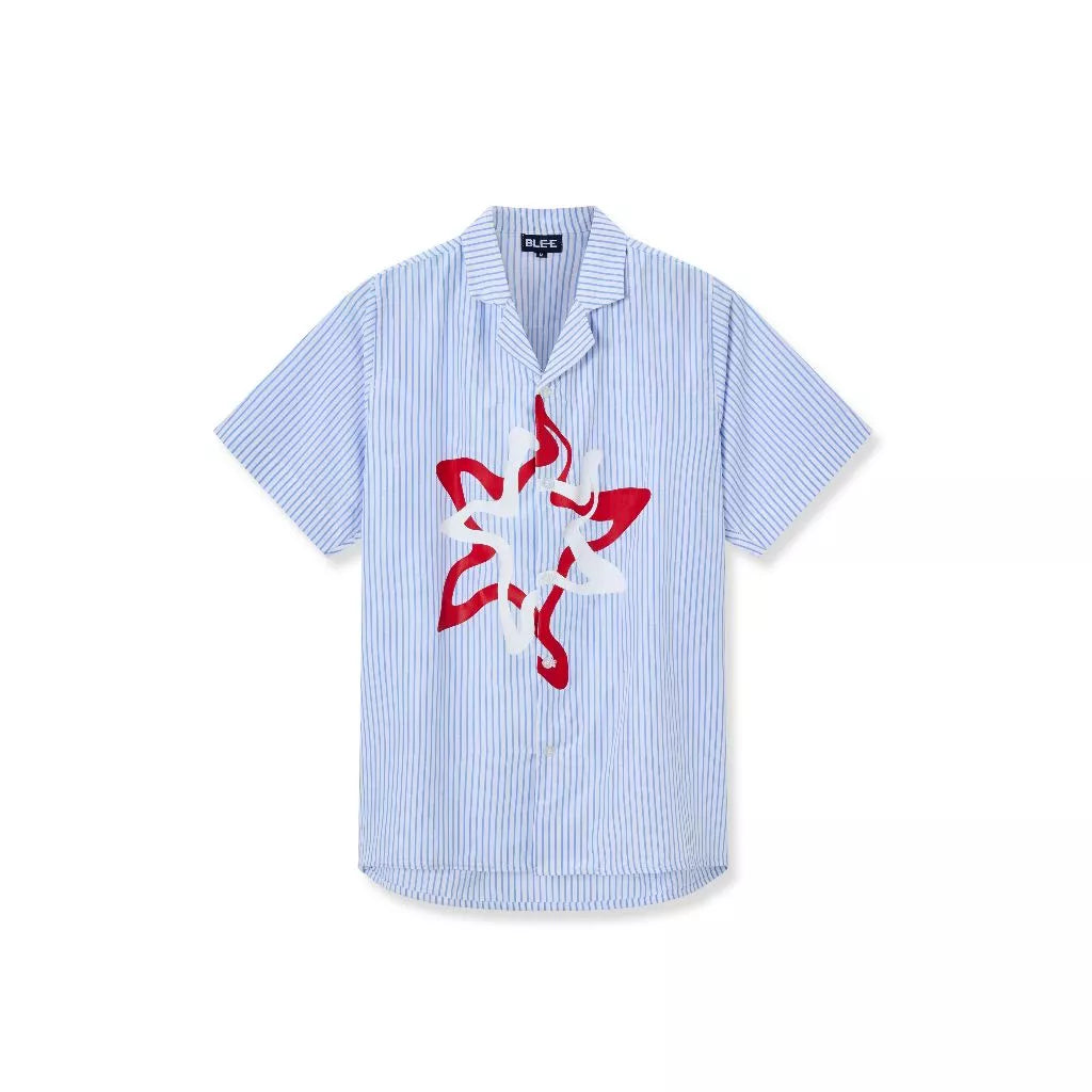 Blue striped shirt with a red and white star design by Blee on a white background