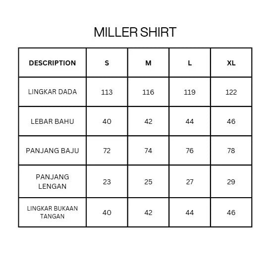 Size chart for Miller shirt by Blee with measurements in centimeters.