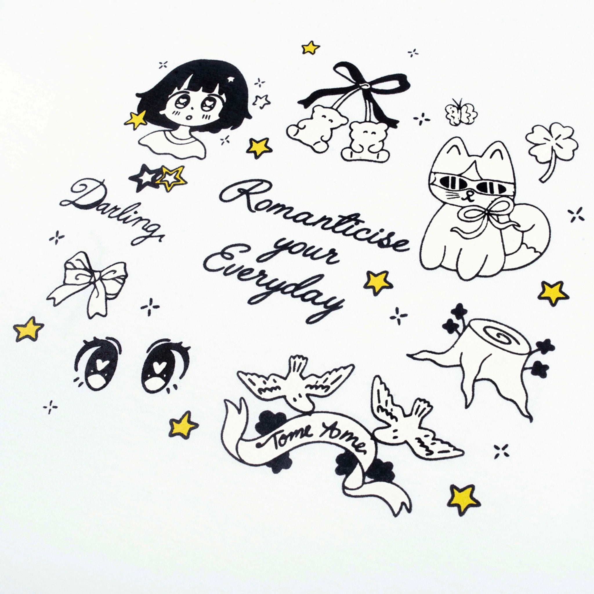 Illustrations of cartoon characters, text, and decorative elements on a t-shirt