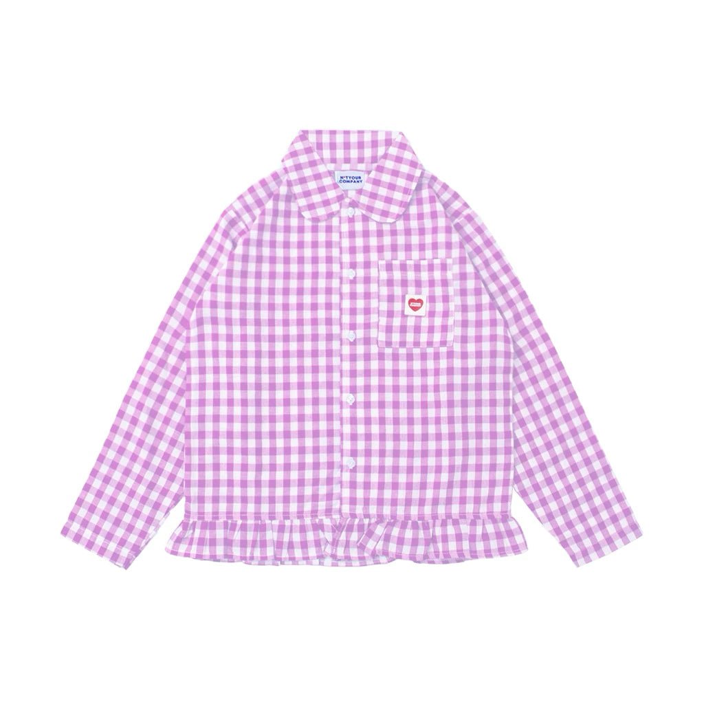 Pink and white checkered shirt with a small logo patch by notyourcompany on a white background