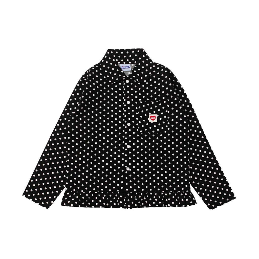 Black polka dot shirt with a red logo patch by notyourcompany on a white background