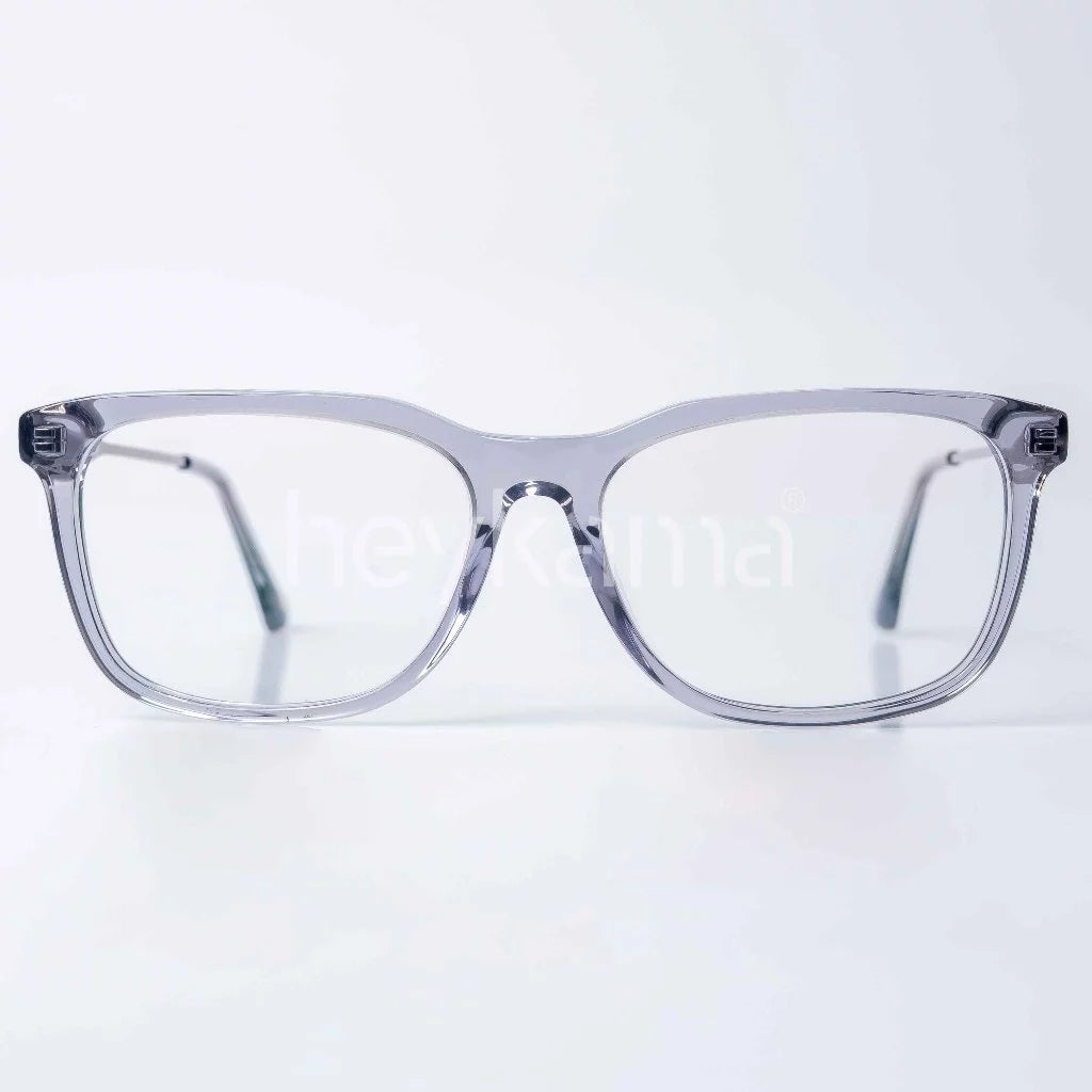 Clear rectangle eyeglasses with a mist grey frame by Heykama on a light blue background